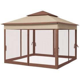 Outsunny Outdoor Patio Pop Up Canopy Gazebo Shelter with Zipper Netting, Carry Bag, 11' x 11', Khaki